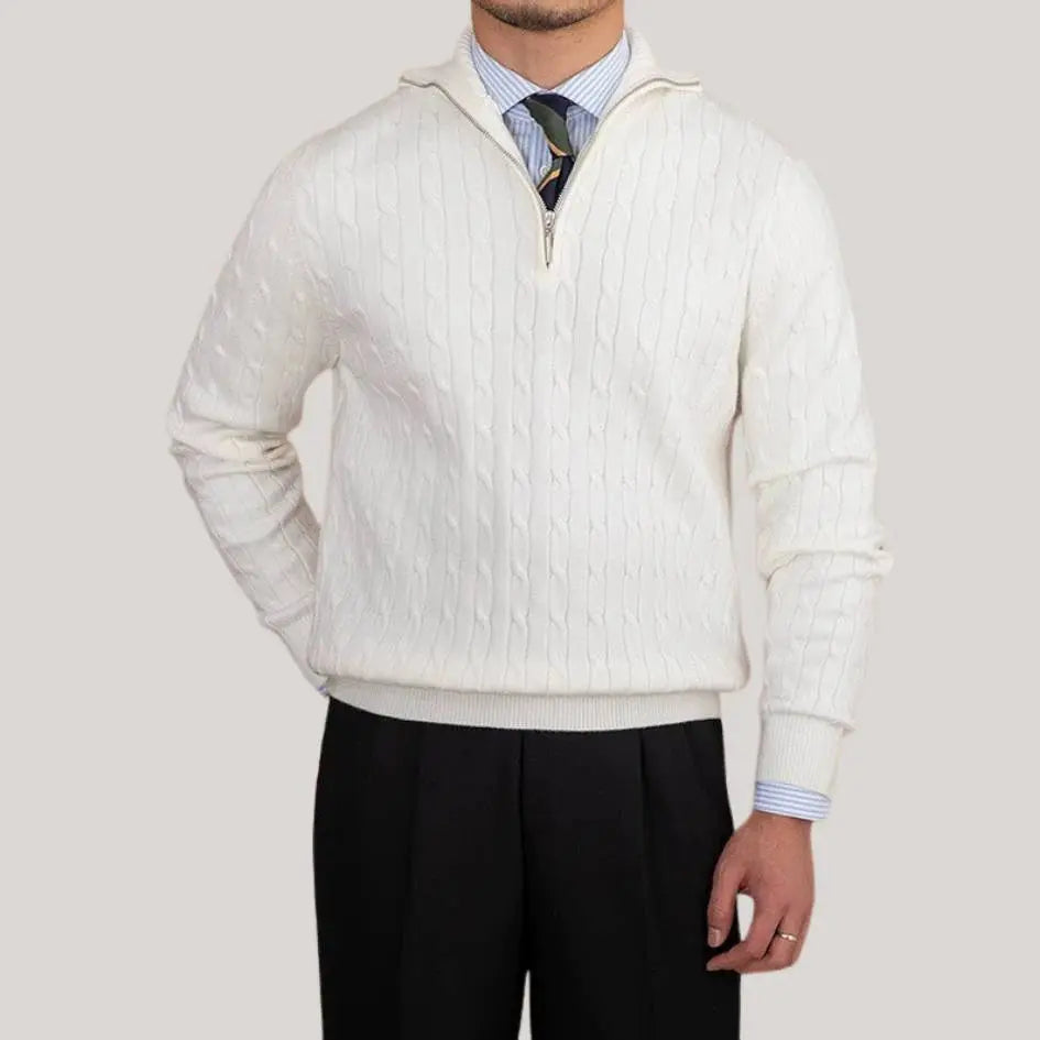 Cable-Knit Zip Neck Sweater - Cross & Crown Cross & Crown