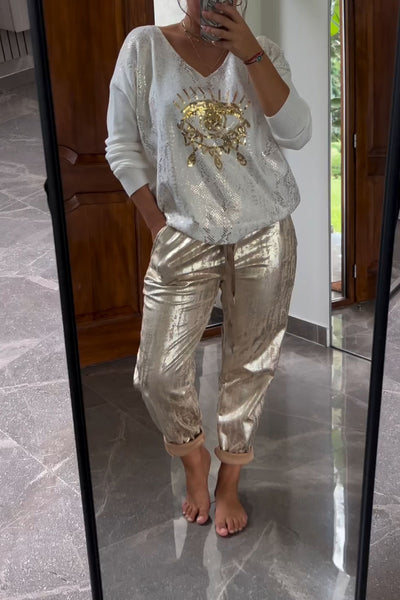 Valissa | Fashionable sequin top and brown trousers